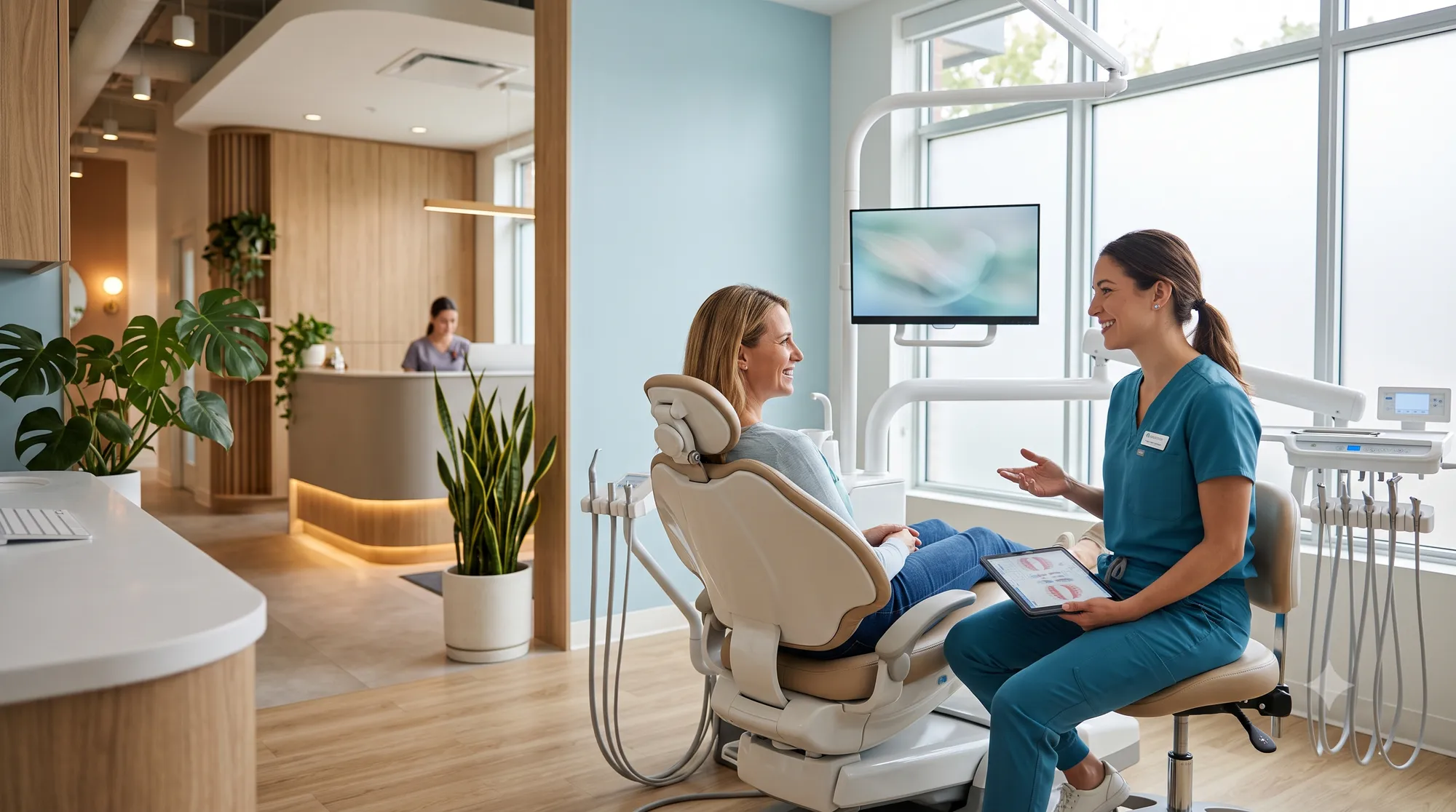 A patient relaxed in the dental chair talking with her dentist